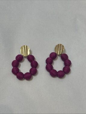 Anthropologie Magenta Beaded Hoop Earrings with Textured Gold Studs KG